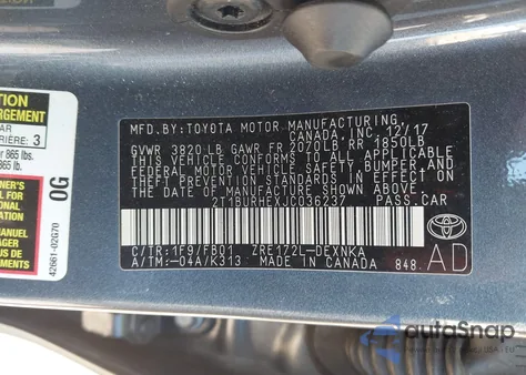 2018 Toyota Corolla Le from USA, damaged, VIN 2T1BURHEXJC036237